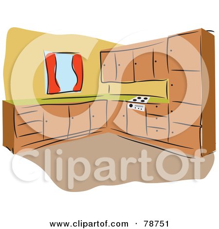 Royalty-free clipart picture of a kitchen with wooden cabinets and orange 