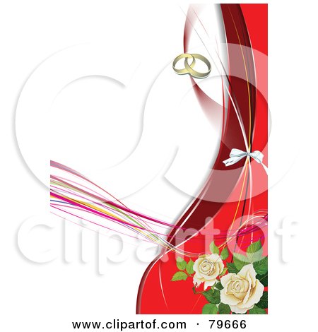 Wedding Background With Gold Rings Red Waves And White Roses Posters 
