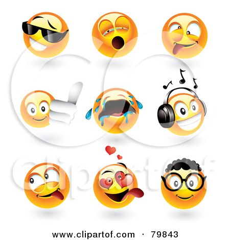 Digital Collage Of 3d Emoticon Faces Cool Yawning Goofy Thumbs Up Crying 