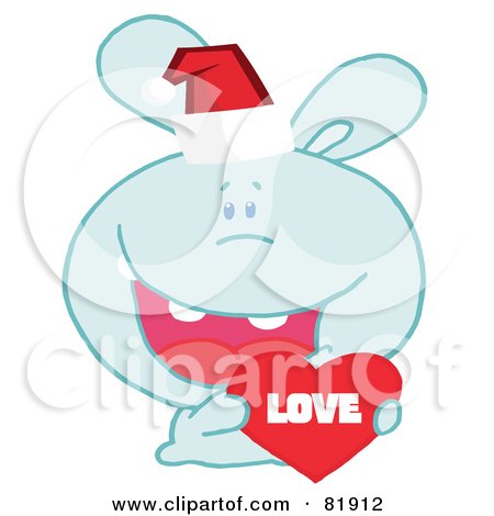  of a blue christmas bunny wearing a santa hat and holding a love heart, 