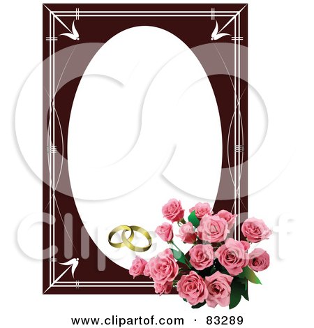 Pink Rose Bouquet In The Corner Of An Oval Wedding Frame With Golden Rings