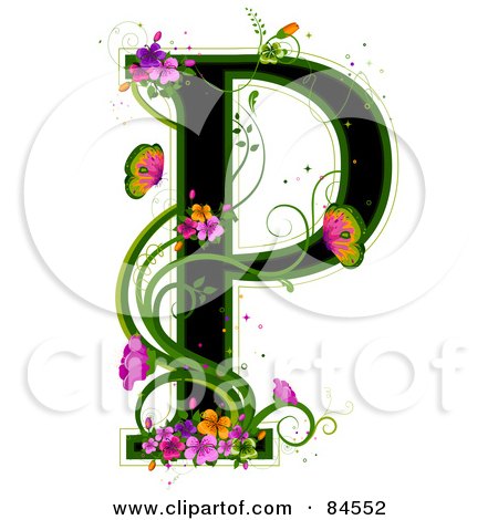 Black Capital Letter P Outlined In Green With Colorful Flowers And 