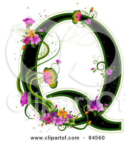 Colorful Butterflies on Letter Q Outlined In Green With Colorful Flowers And Butterflies Jpg
