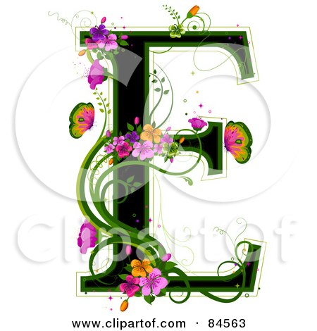 Black Capital Letter E Outlined In Green, With Colorful Flowers And ...