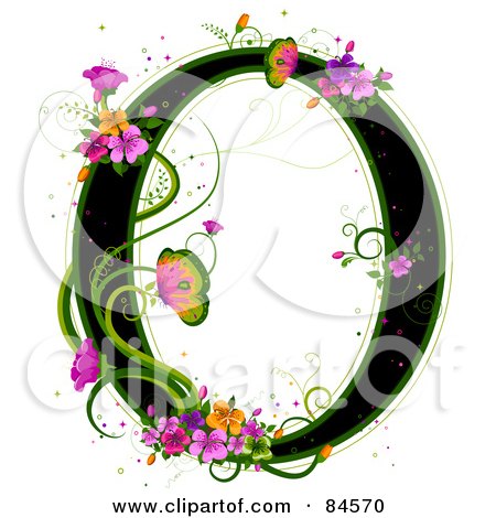 Black Capital Letter O Outlined In Green With Colorful Flowers And 