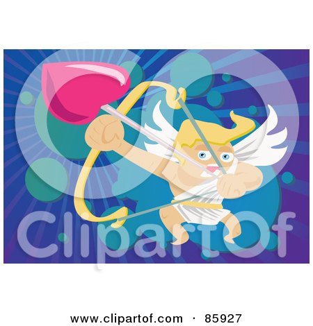 Royalty-free clipart picture of a blond cupid launching a heart shaped arrow 