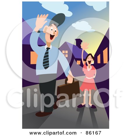 Royalty-free clipart picture of a businessman waving goodbye to his daughter 
