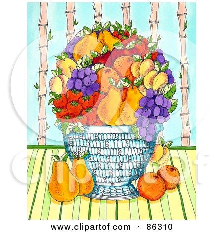 Royalty-free clipart picture of a large fruit bowl with pears, oranges, 