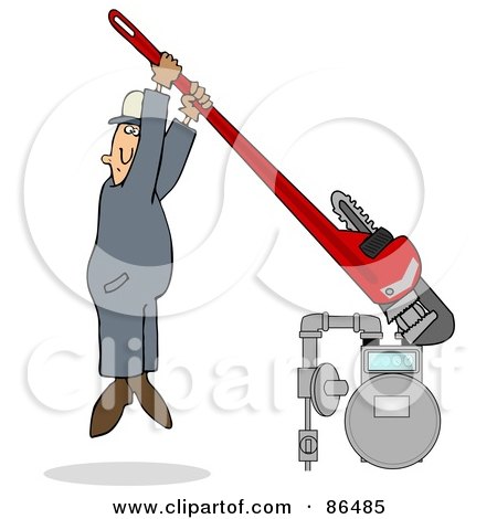 Royalty-free clipart picture of a man hanging from a giant monkey wrench 
