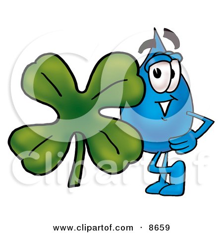  a Water Drop Mascot Cartoon Character With a Green Four Leaf Clover on 