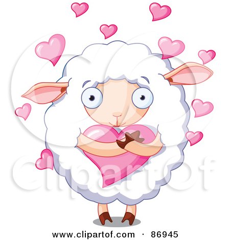 Royalty-Free (RF) Clipart Illustration of Hearts Floating Around A Cute Sheep Hugging A Heart by Pushkin