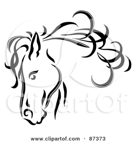 RoyaltyFree RF Clipart Illustration of a Black Line Art Horse Head With