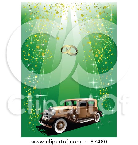 RoyaltyFree RF Clipart Illustration of a Vintage Car Under Wedding Bands 