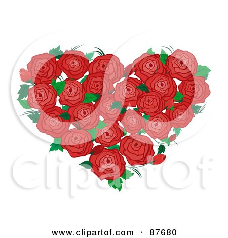 87680+Royalty+Free+RF+Clipart+Illustration+Of+A+Bouquet+Of+Red+Roses+And+Green+Leaves+Forming+A+Heart+jpg
