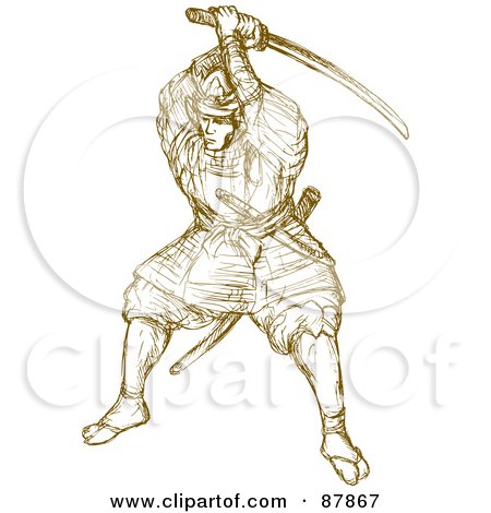Royalty-free clipart picture of a brown sketch of a samurai warrior striking 