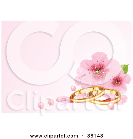 Pastel Pink Background With Cherry Blossoms Pearls And Wedding Rings by