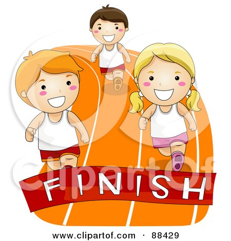 Royalty-Free (RF) Clipart Illustration of Boys And Girls Racing To A Finish Line On A Track by BNP Design Studio