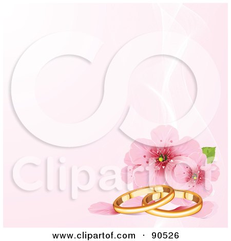 Pink Pastel Background With Wire Waves Cherry Blossoms And Wedding Rings 