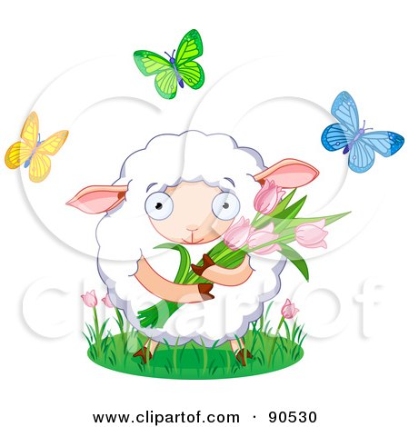 Royalty-Free (RF) Clipart Illustration of a Cute Sheep Holding Tulips And Surrounded By Butterflies