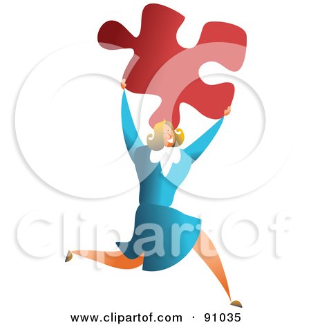 Royalty-Free (RF) Clipart Illustration of a Successful Businesswoman Carrying A Puzzle Piece