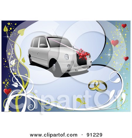 RoyaltyFree RF Clipart Illustration of a White Wedding Car Over A Blue