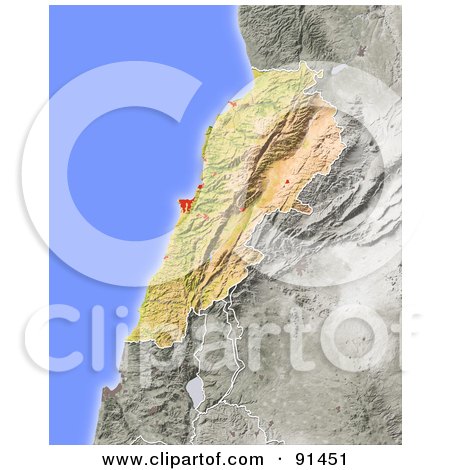 Map Of Lebanon And Surrounding Countries. Relief Map Of Lebanon