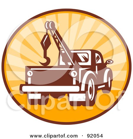 92054-Royalty-Free-RF-Clipart-Illustration-Of-A-Retro-Styled-Logo-Of-A-Tow-Truck-In-A-Sunny-Circle
