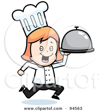 Royalty-free clipart picture of a chef girl running with a platter, 