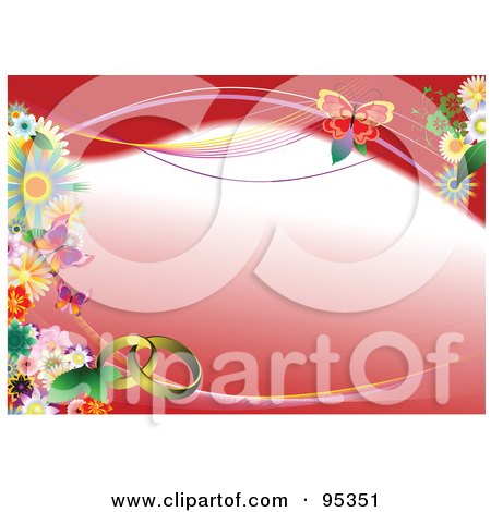 Red Floral Engagement Background With A Butterfly And Wedding Rings by 