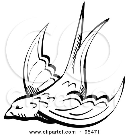 Clipart Illustration of a Black And White Valentine Swallow Swooping