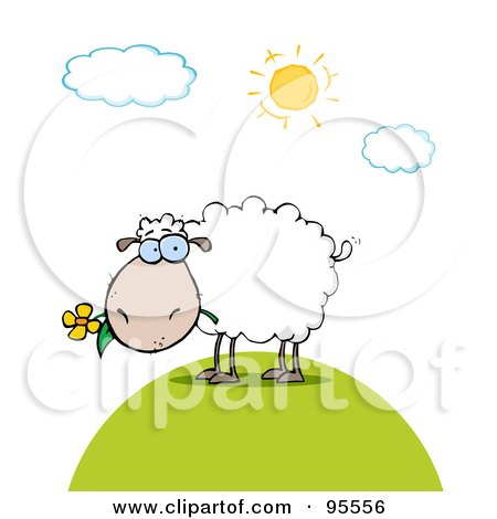 Royalty-Free (RF) Clipart Illustration of a White Sheep Eating A Flower On A Sunny Day by Hit Toon