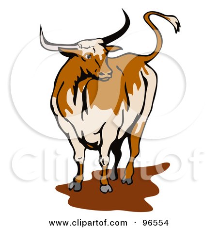 Royalty-free clipart picture of a texas longhorn bull standing in a mud 
