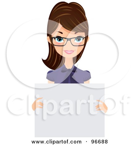Royalty-Free (RF) Clipart Illustration of a Pretty Brunette Receptionist In A Purple Blouse And Glasses, Holding A Blank Sign