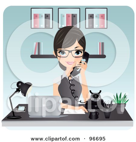 Royalty-Free (RF) Clipart Illustration of a Pretty Brunette Receptionist Wearing Glasses And Holding A White Phone