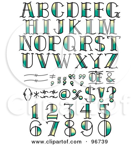 Digital Collage Of Green And Yellow Tattoo Styled Numbers Letters And 