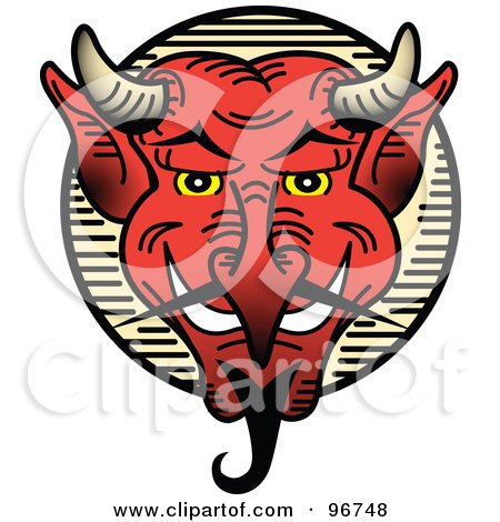 Squinting And Grinning Red Devil Face Tattoo Design by Andy Nortnik