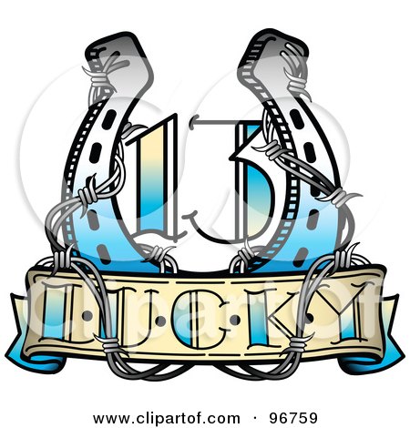 Royalty-free clipart picture of a lucky 13 horseshoe and barbed wire tattoo 