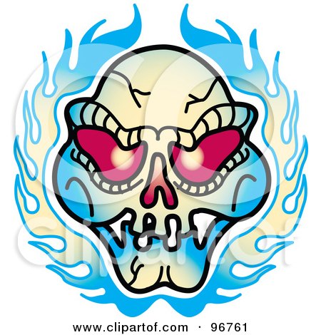 Red Eyed Evil Skull And Flames Tattoo Design Poster, Art Print