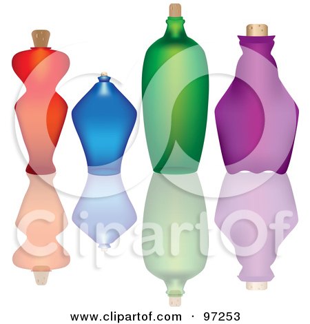 Royalty-free clipart picture of a row of colorful glass bottles with corks 