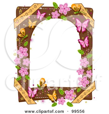 White Frame Bordered With Butterflies And Pink Flowers