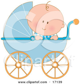 Caucasian Baby Boy In A Blue Stroller Carriage, Looking Over The Side Clipart Illustration