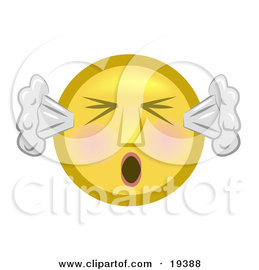 Clipart Illustration of a Furious Yellow Smiley Face With Flushed Cheeks, Blowing Smoke Out Of The Ears And Screaming