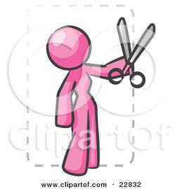 Clipart Illustration of a Pink Lady Character Snipping Out A Coupon With A Pair Of Scissors Before Going Shopping