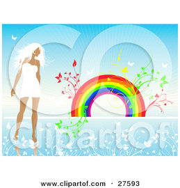 Clipart Illustration of a White Haired Woman In A White Dress, Walking In A Blue Landscape Of White Flowers With Plants Sprouting From A Rainbow In The Background