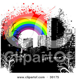 Clipart Illustration of a Black City Skyline With Floral Grunge And A Colorful Rainbow