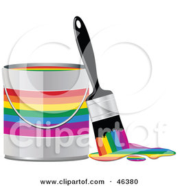 Royalty-Free (RF) Clipart Illustration of a Paint Brush Leaning Against A Rainbow Paint Can