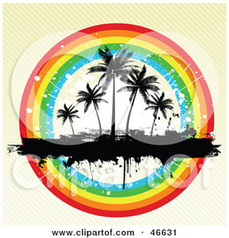 Royalty-Free (RF) Clipart Illustration of a Grunge Textured Background With Silhouetted Palm Trees In A Rainbow Circle