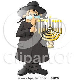Religious Rabbi Jew Holding a Lit Jewish Menorah Clipart