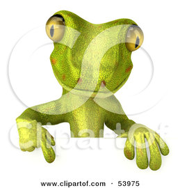 53975-Royalty-Free-RF-Clipart-Illustration-Of-A-3d-Gecko-Character-Pointing-Down-At-And-Standing-Behind-A-Blank-Sign-Pose-1.jpg
