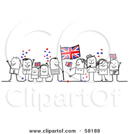 Royalty-Free (RF) Clipart Illustration of a Stick People Character Crowd Celebrating With Union Jack Flags